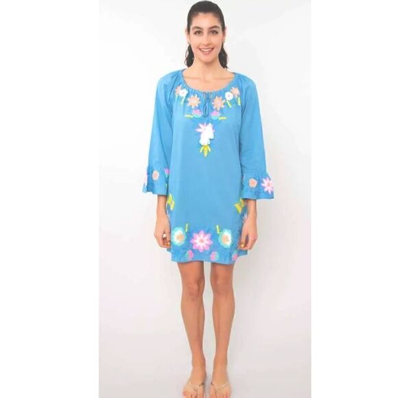 Debbie Katz South Beach Blue Violetta Embroidered Floral Tunic 100% Cotton Sz S - Picture 1 of 13